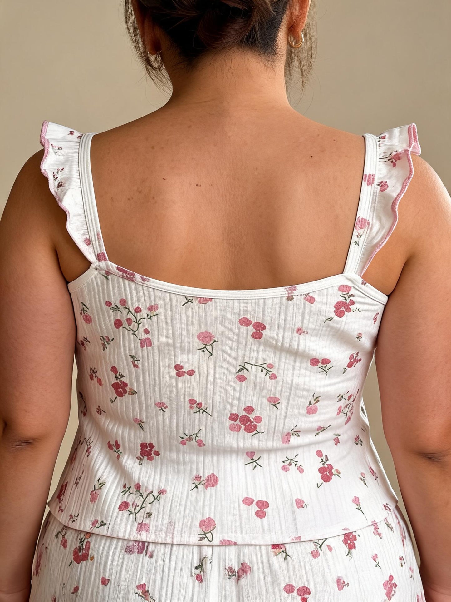 White Pink Floral Ruffle Camisole & Shorts Pajama Set