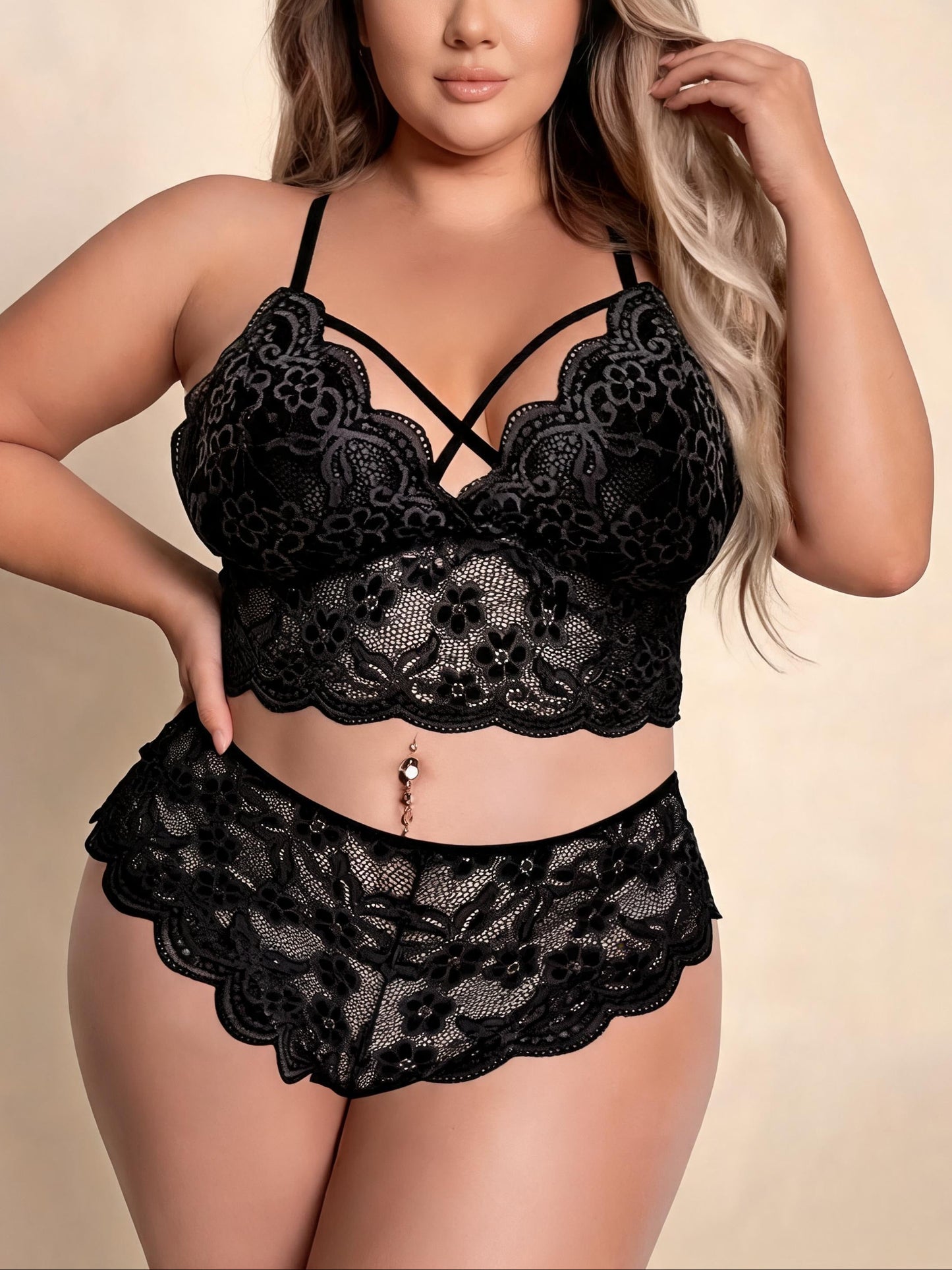 Plus Size 2-Piece Lingerie Set Front Closure Bra & High-Waist Panty