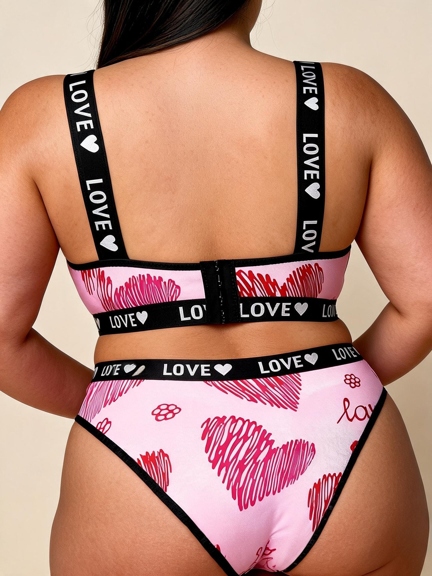 Pink Heart Print Lingerie Set with LOVE Straps