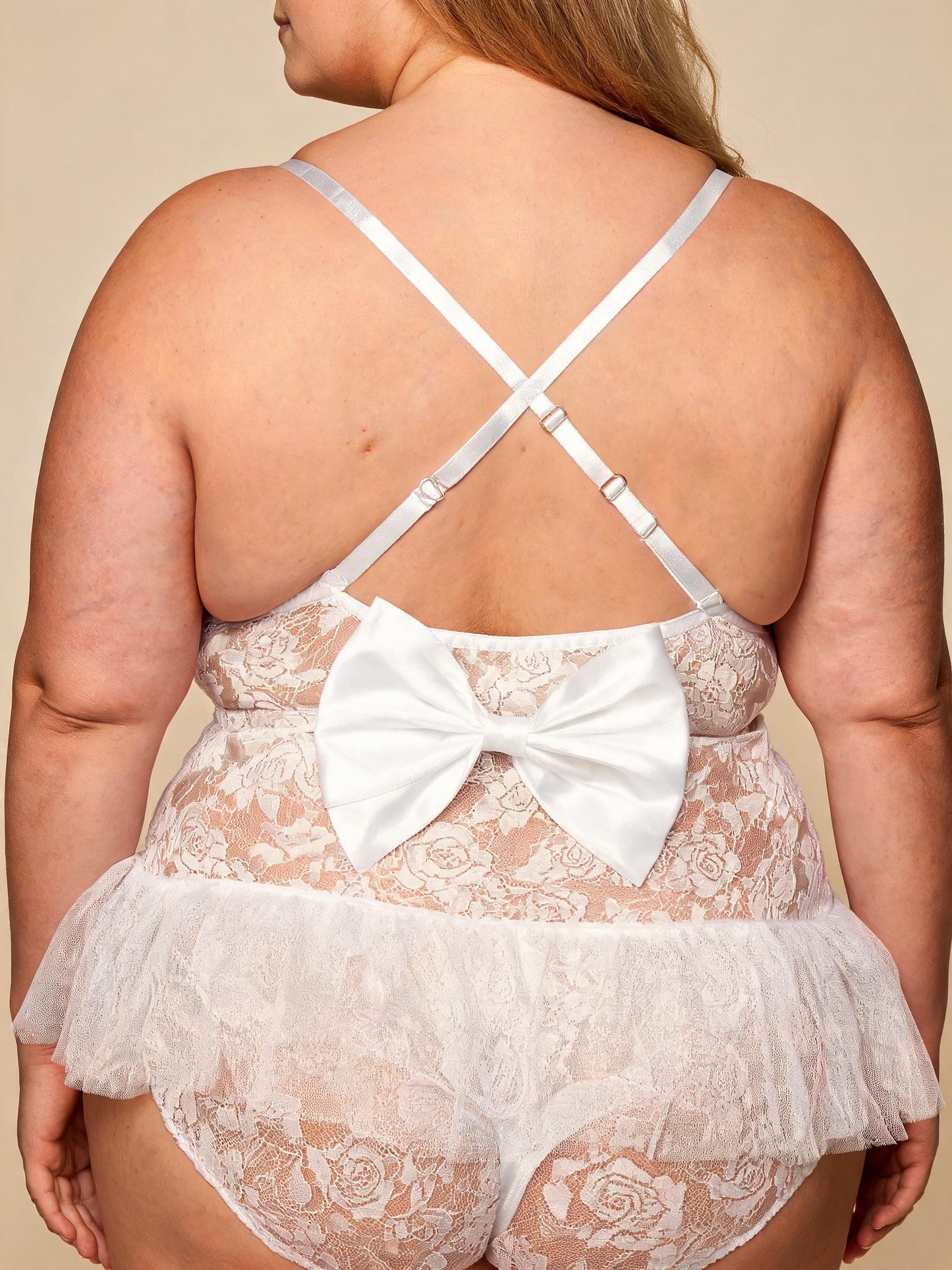 Floral Lace Teddy with Tulle Ruffle Skirt Sexy Bow Strap Bridal Nightgown
