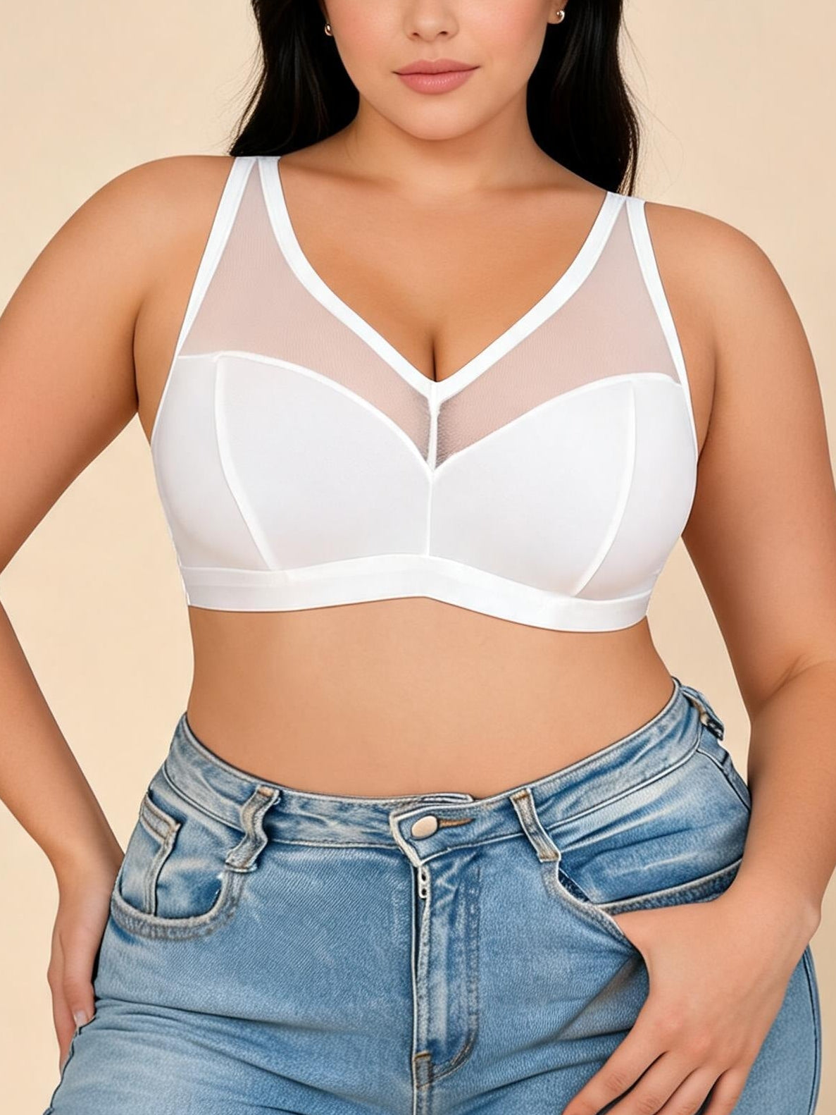 Black Mesh Panel Sports Bra with V-Neck Design