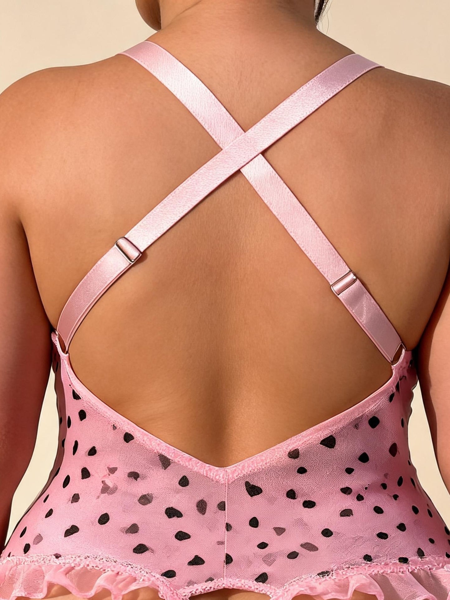 Pink Black Heart Print Sheer Mesh Teddy with Lace-Up & Ruffles