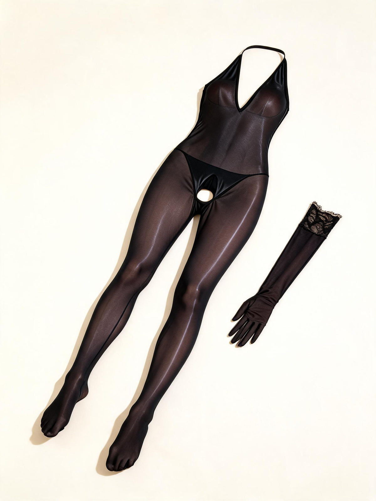 Black glossy sheer open-crotch bodysuit with matching gloves, flat-lay detail