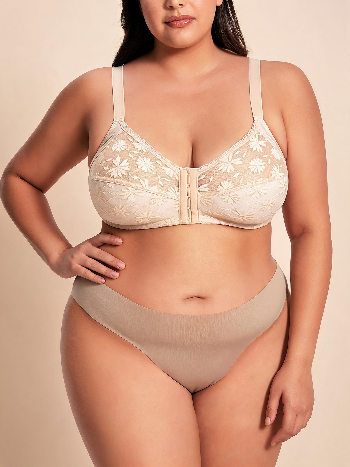 Plus Size Lace Front-Closure Bra & Brief Set