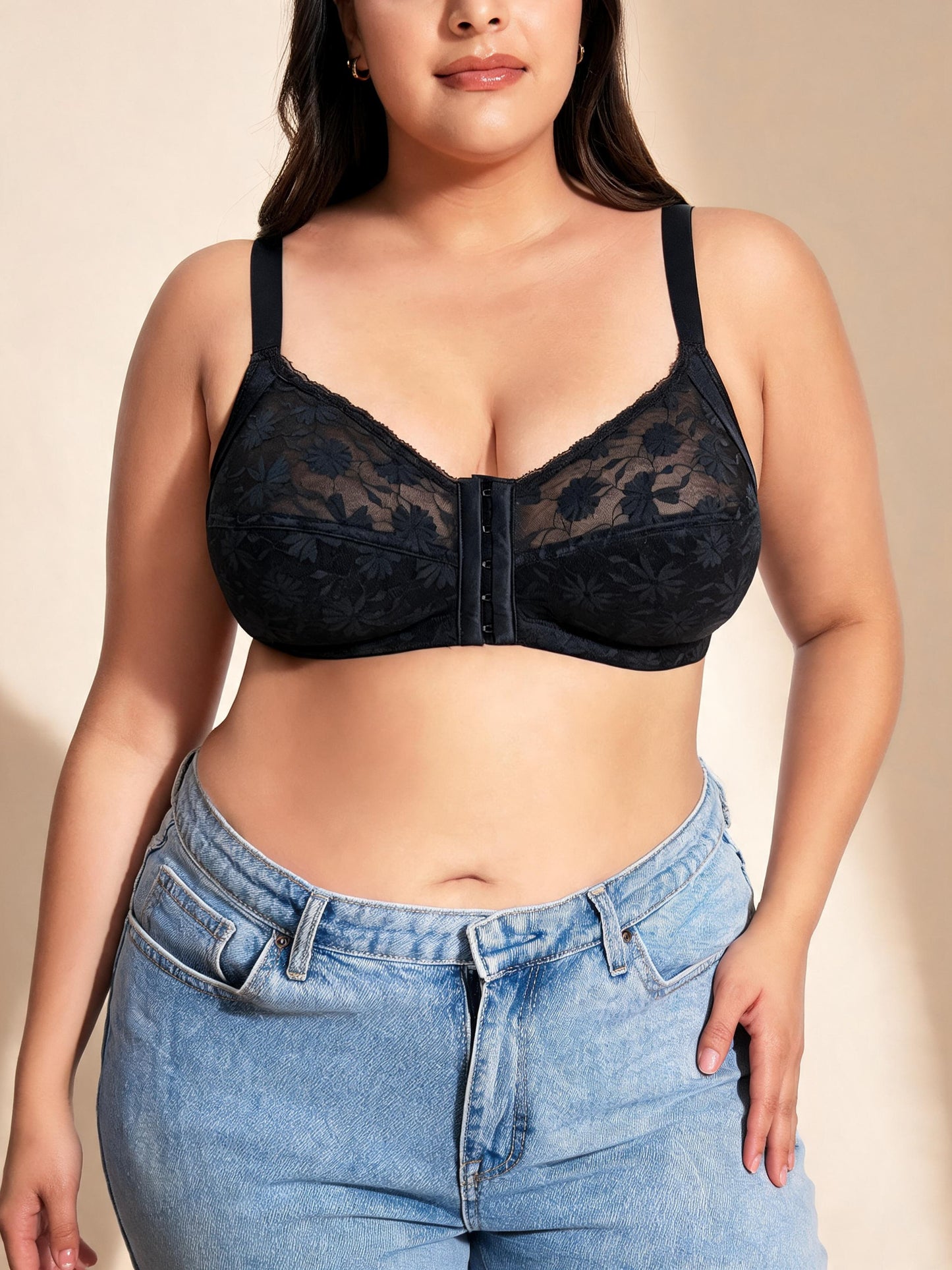 Wireless Full Coverage Bralette Daisy Embroidered Unpadded Front Closure Bra