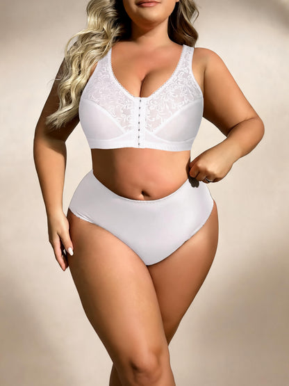 Plus Size Front Clasp Full Coverage Bra & High Waist Brief with Lace