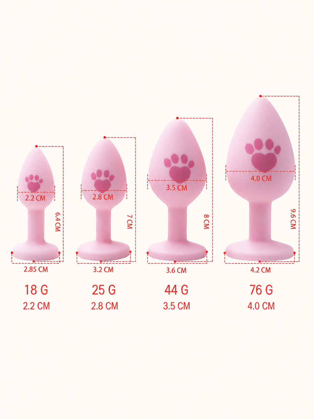 Pink paw-print silicone tail plug measurements for four sizes