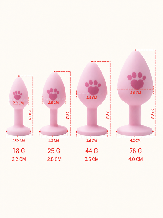 Pink paw-print silicone tail plug measurements for four sizes