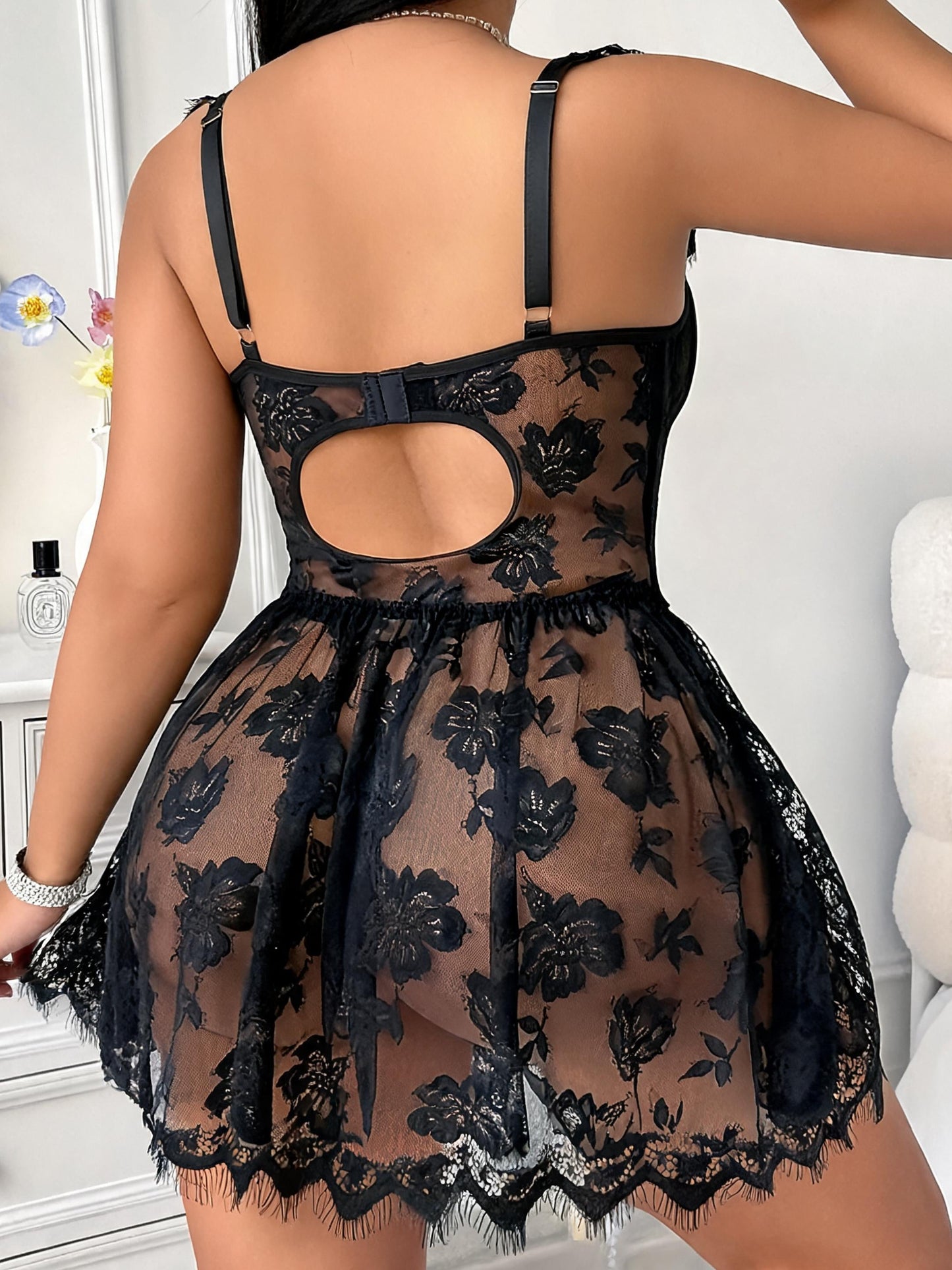 Noir Bloom lace babydoll — back cutout detail
