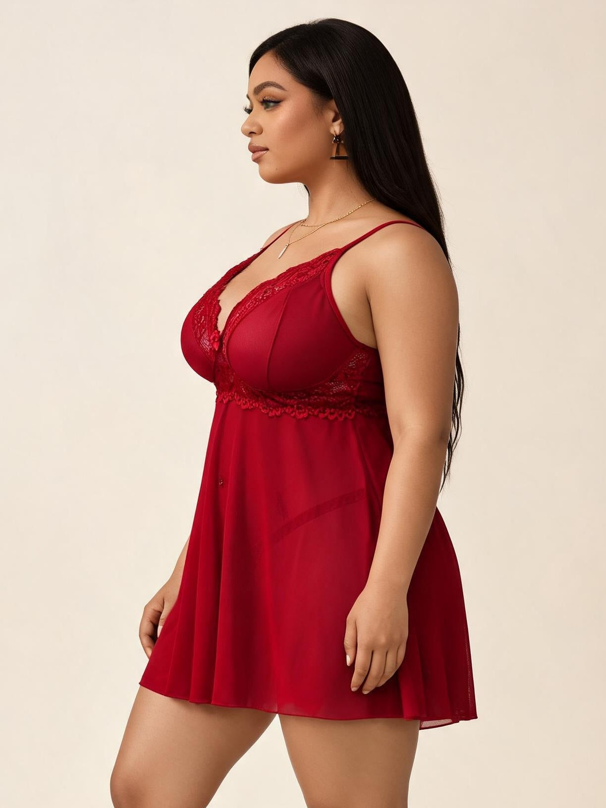 Red Lace & Satin Chemise with Plunging Neckline