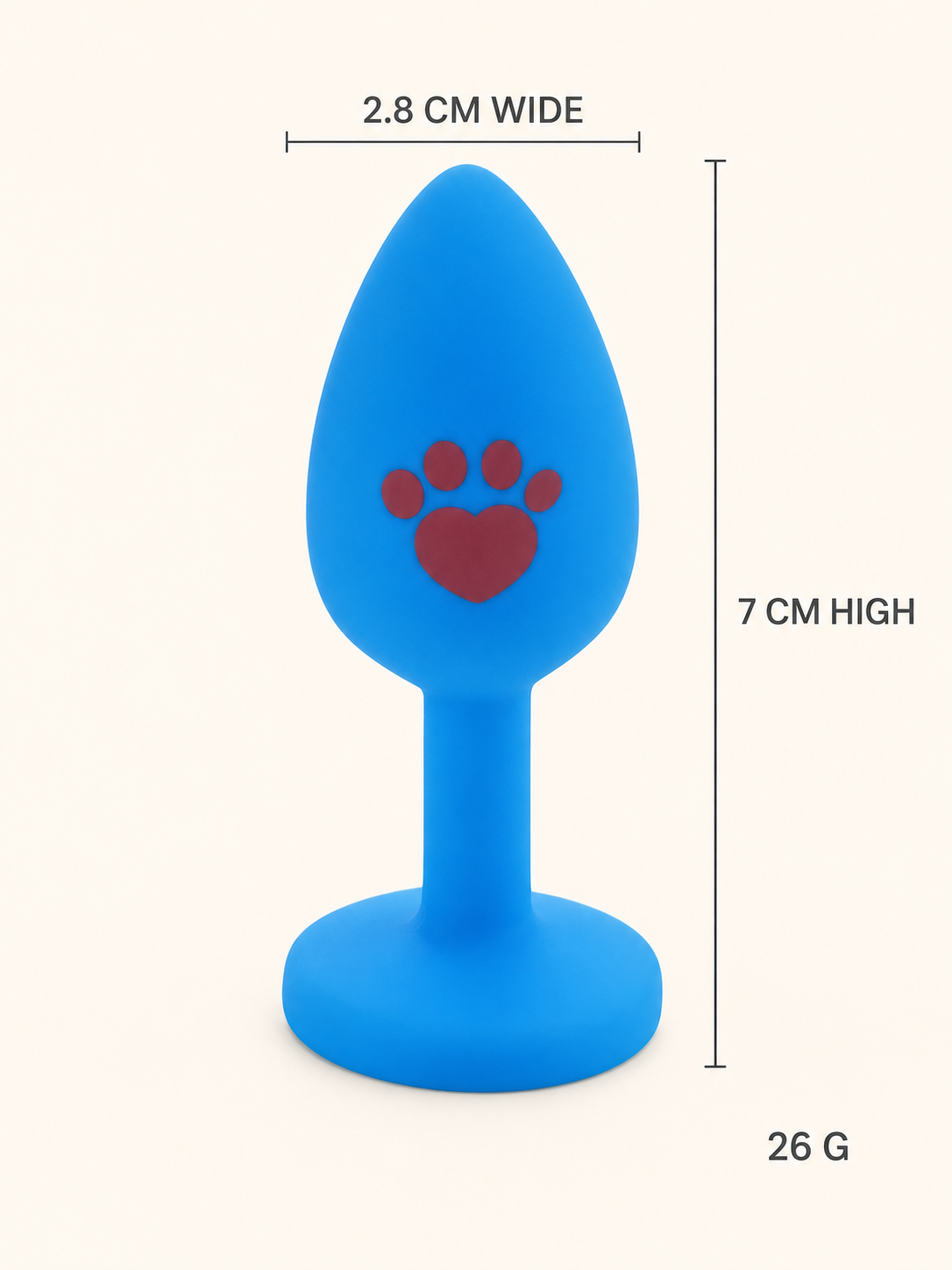Blue 2.8 cm paw-print silicone tail plug measurements