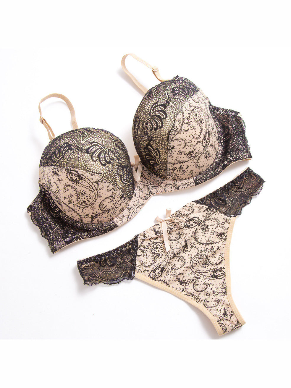 Paisley Noir Ivory Black plus size lace bra and thong set — flat lay
