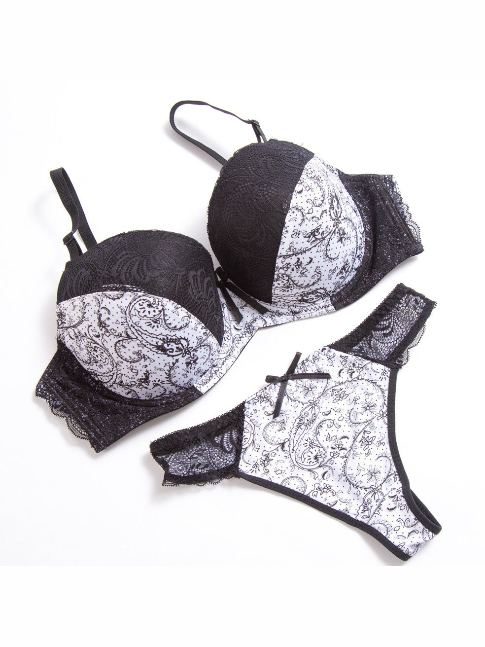 Paisley Noir Black and White lace bra and thong set — flat lay