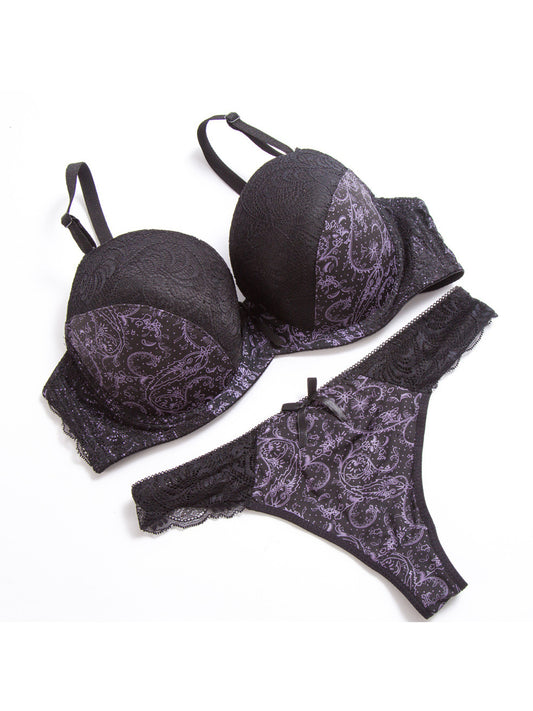 Paisley Noir Black and Purple lace bra and thong set — flat lay