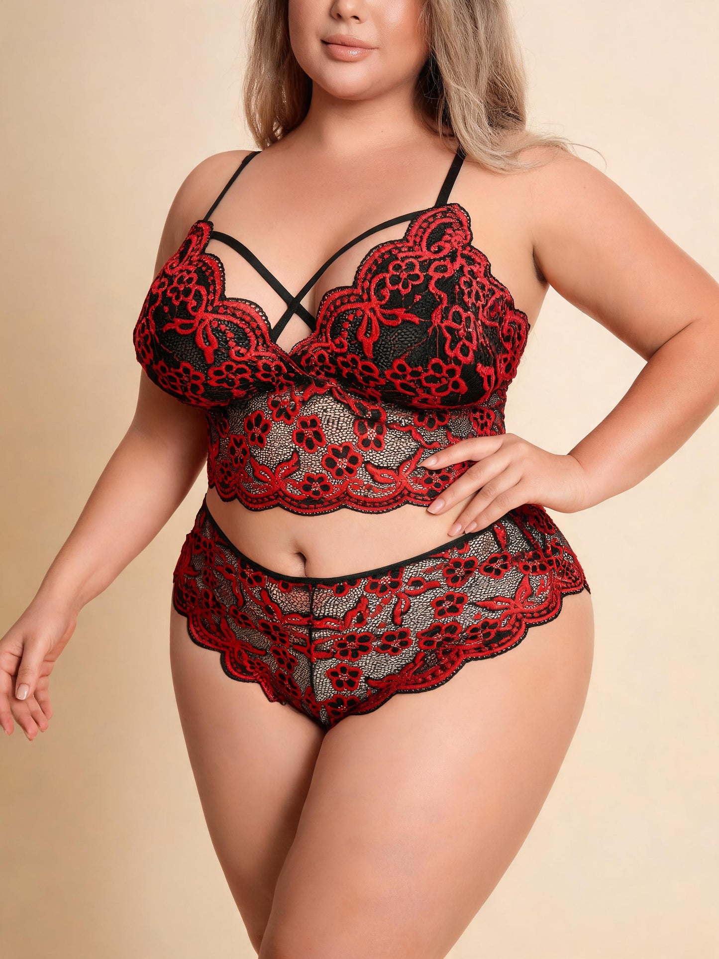 Plus Size 2-Piece Lingerie Set Front Closure Bra & High-Waist Panty