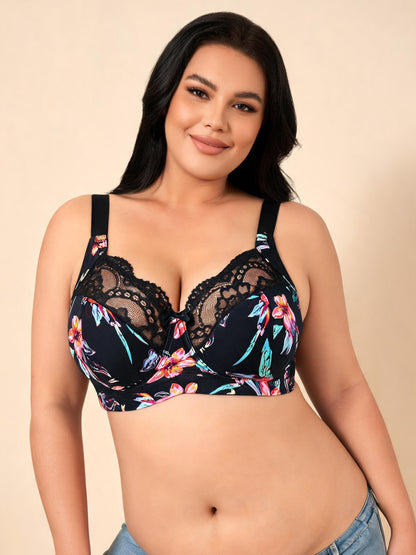 Sexy Printed Push Up Minimizer & Lifting Design Floral Lace U-Back Bra
