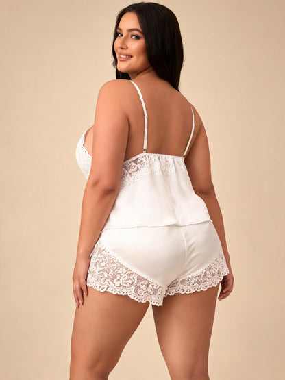 Lace Camisole Top & Shorts Cute Bow Strap Sleepwear Satin Pajama Set