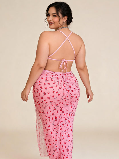 Pink Cherry Print Satin Maxi Nightgown with High Slit