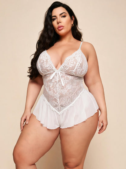 Sheer Floral Bodysuit with Ruffle Skirt & Bow Bridal Lace Teddy