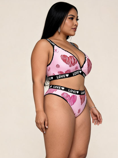 Pink Heart Print Lingerie Set with LOVE Straps