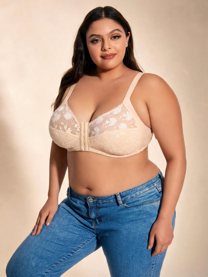 Wireless Full Coverage Bralette Daisy Embroidered Unpadded Front Closure Bra