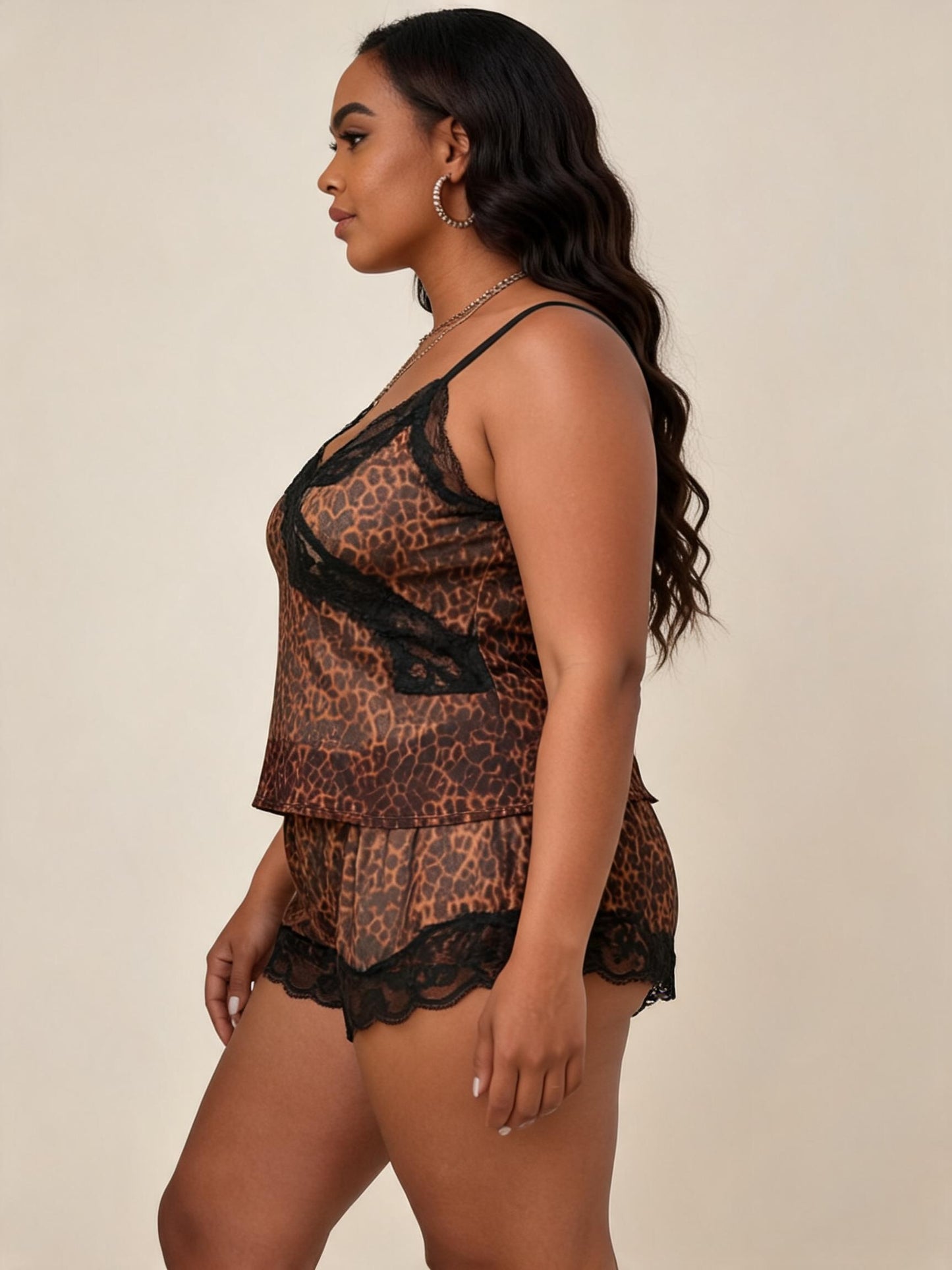 Plus-Size Leopard Print Lace & Satin Camisole & Shorts Set