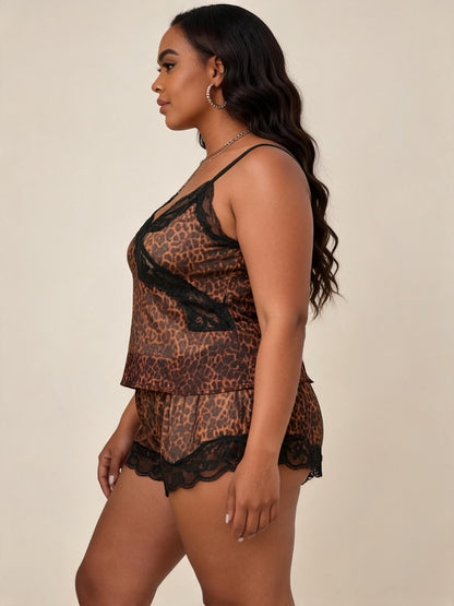 Plus-Size Leopard Print Lace & Satin Camisole & Shorts Set