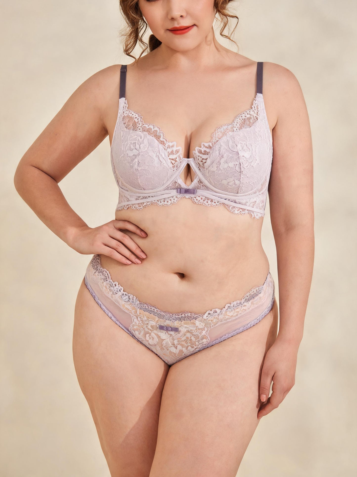French-Inspired Allover Lace Balconette Bra & Sheer-Trimmed Panty Set