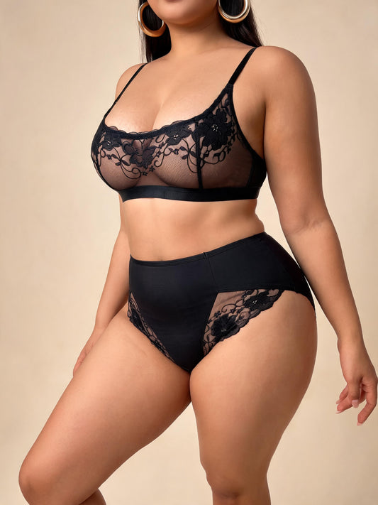 Black Front Clasp Sheer Lace Bra & High Waist Mesh Brief Lingerie Set