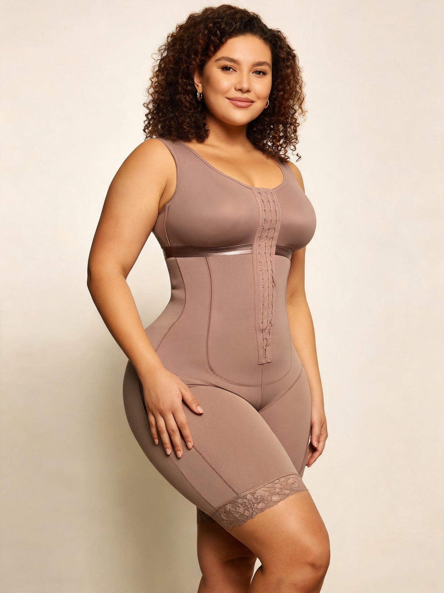 Tummy Tuck Compression Bodysuit with Front Hooks Mid Thigh Shapewear