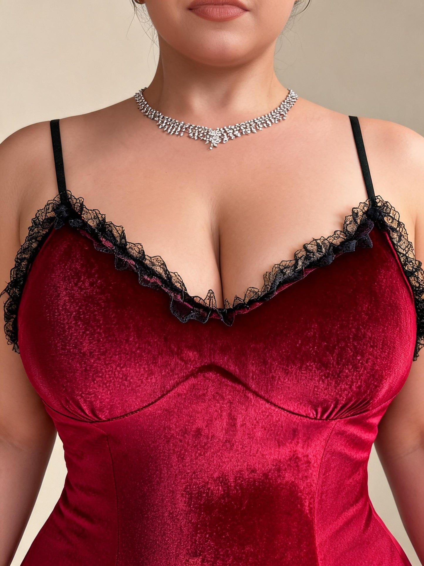 Burgundy Velvet Chemise Nightgown with Black Lace Trim