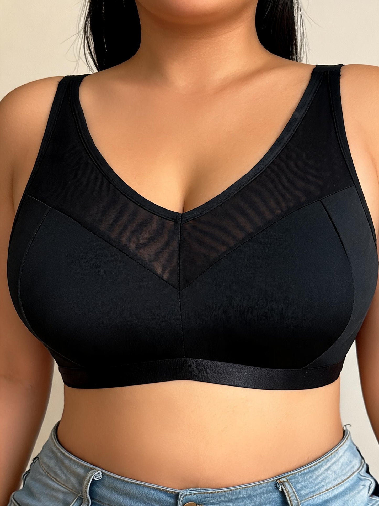 Black Mesh Panel Sports Bra with V-Neck Design