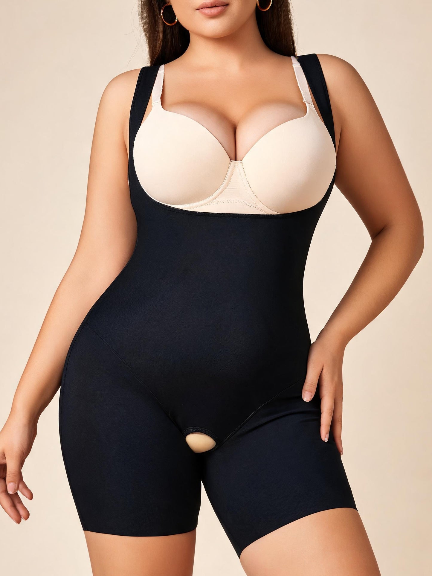 Open Bust Tummy Control Bodysuit with Wide Straps & Easy Pee Crotch without Bra