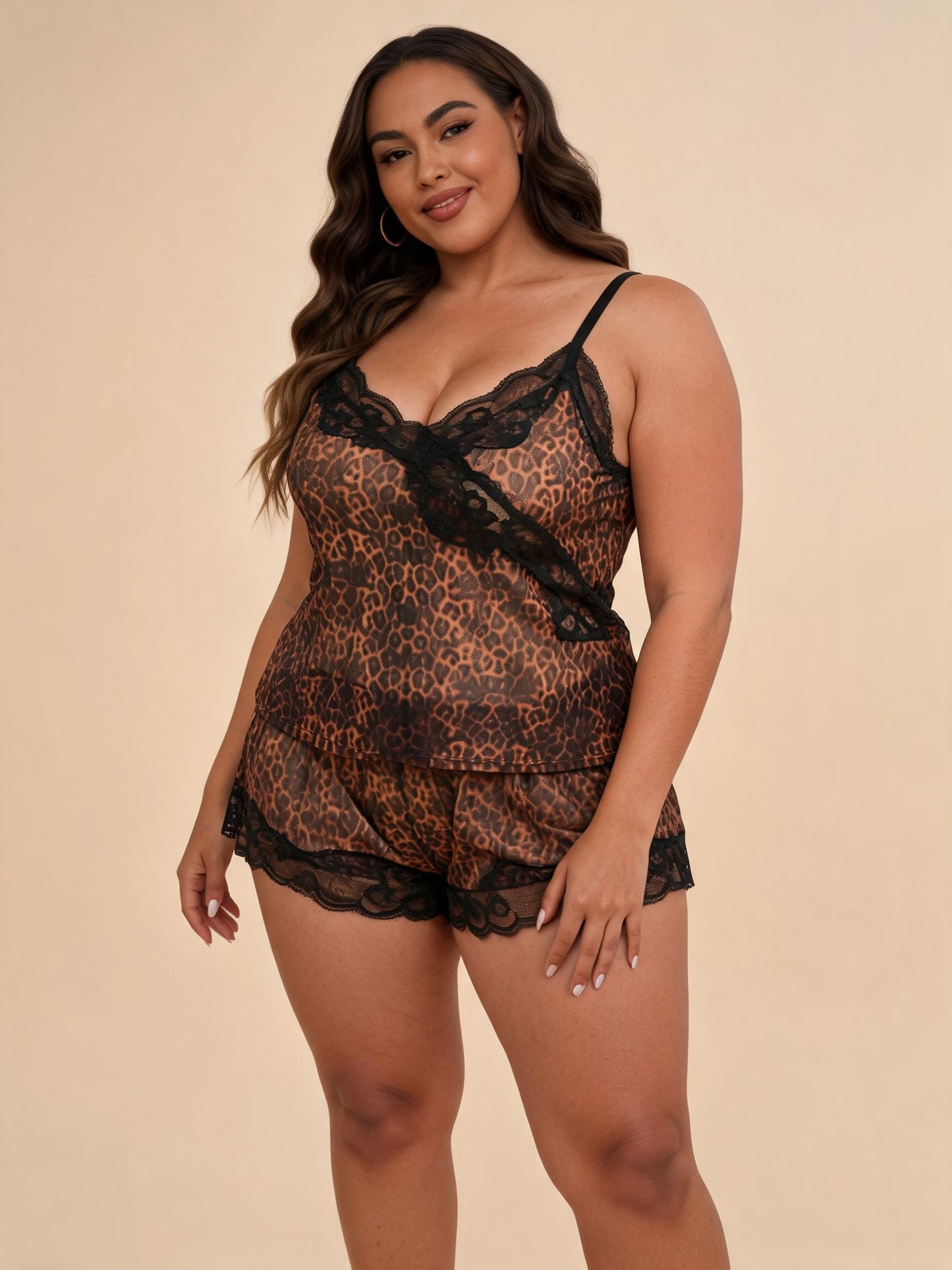 Plus-Size Leopard Print Lace & Satin Camisole & Shorts Set