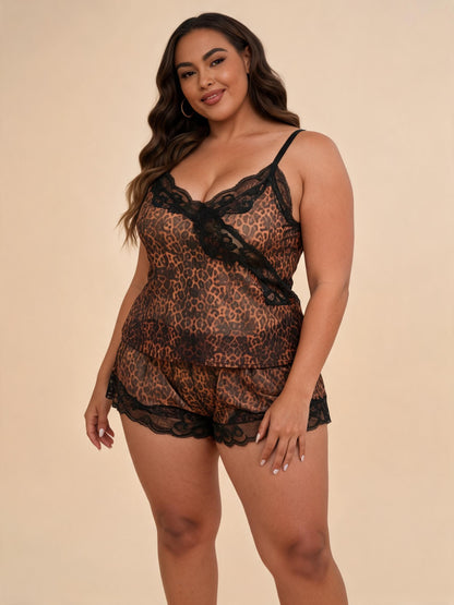 Plus-Size Leopard Print Lace & Satin Camisole & Shorts Set