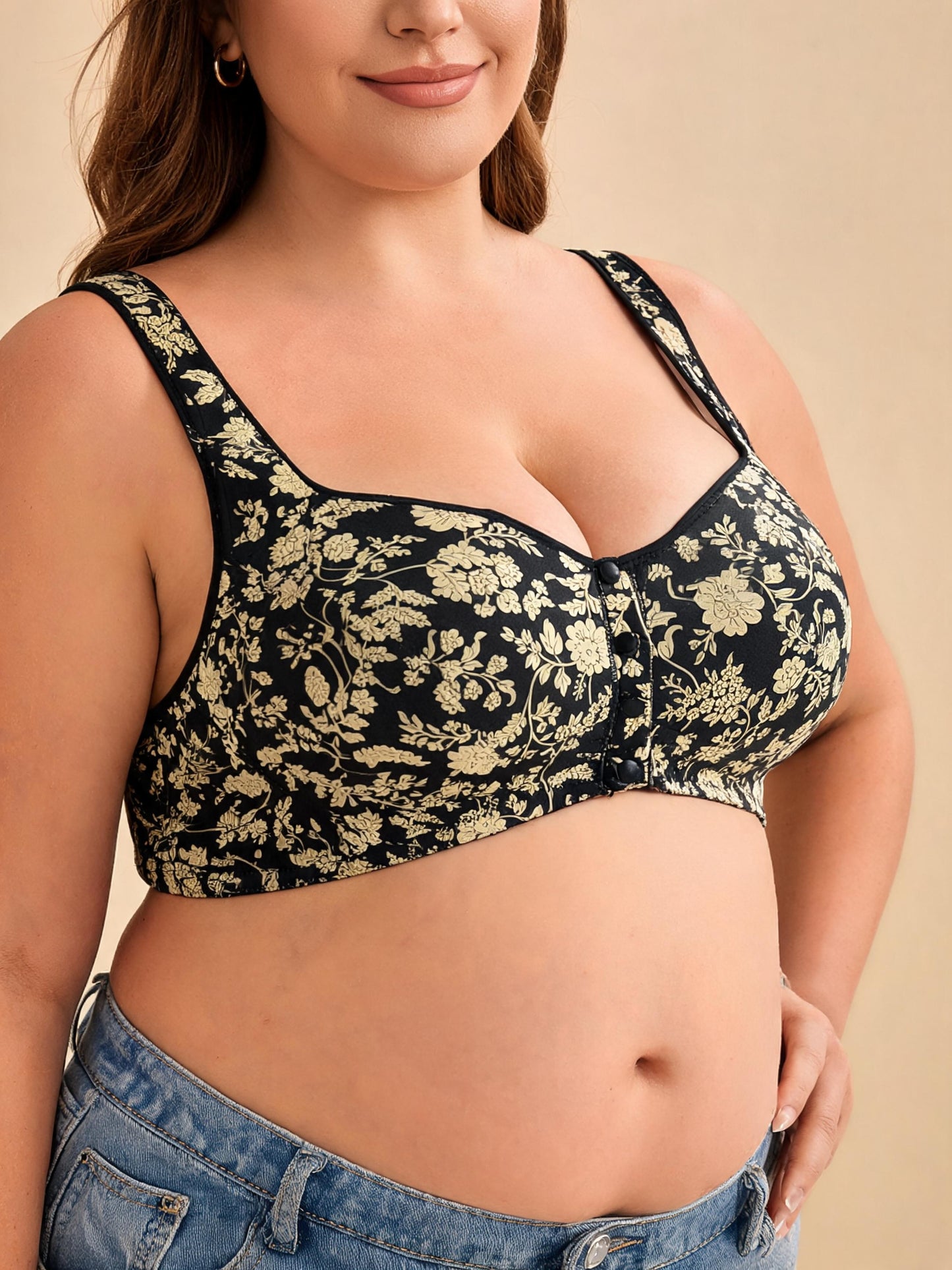 Beige Floral Lace for A-G Cups Front-Closure Bra