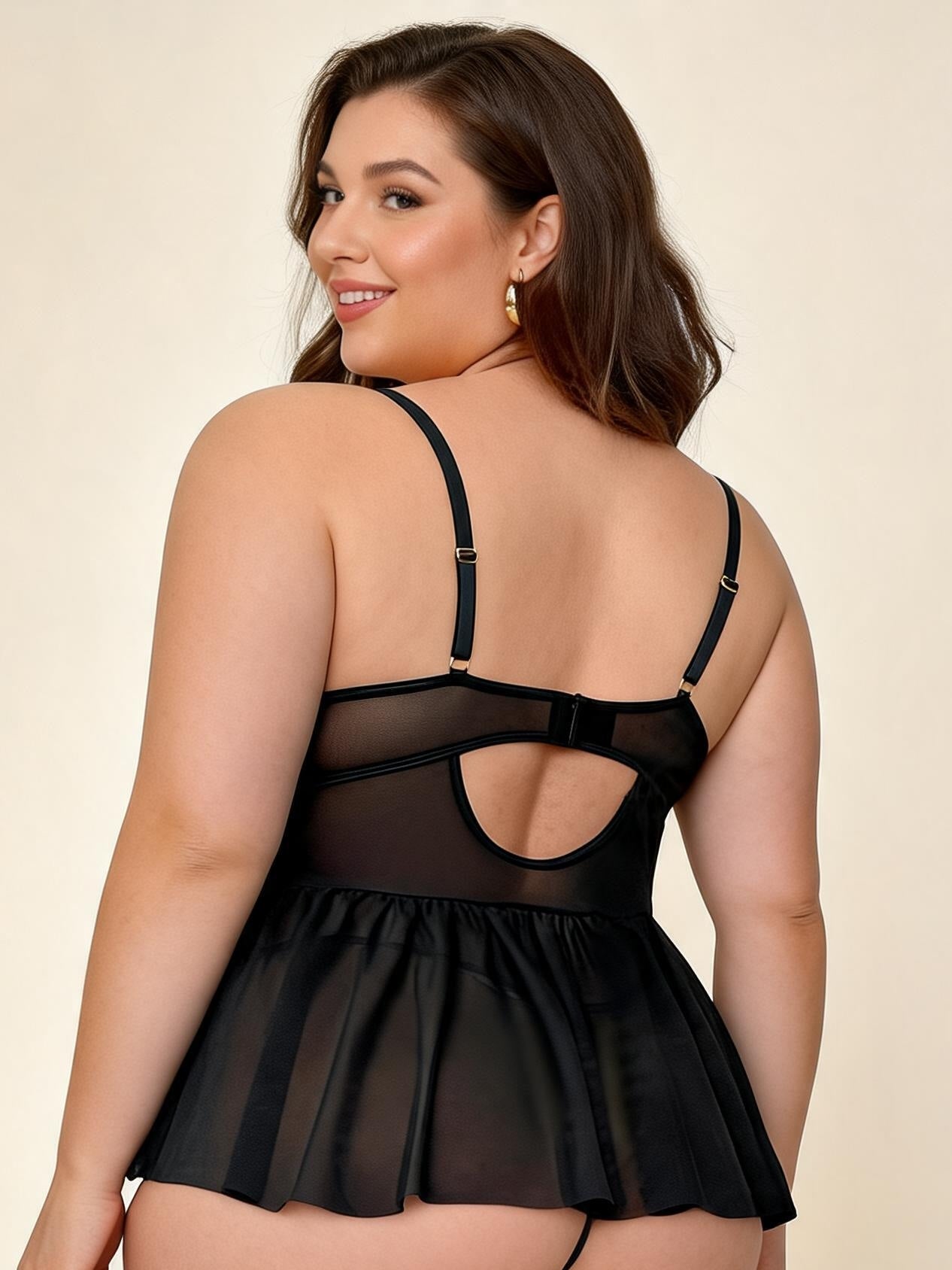 Plus Size Lace & Mesh Babydoll Chemise with Gold Garter Clips