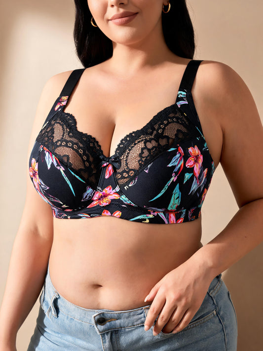 Sexy Printed Push Up Minimizer & Lifting Design Floral Lace U-Back Bra