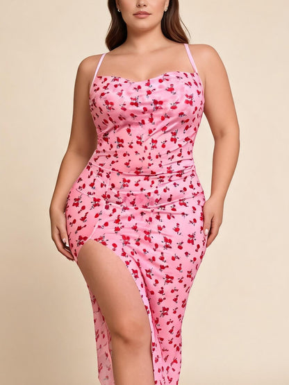 Pink Cherry Print Satin Maxi Nightgown with High Slit