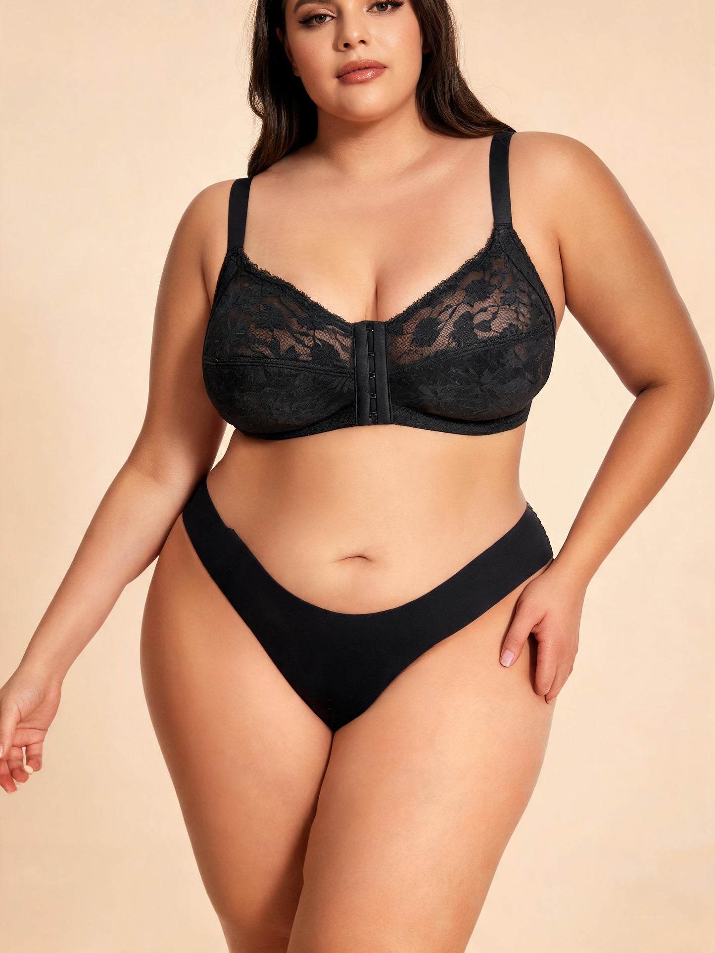 Plus Size Lace Front-Closure Bra & Brief Set