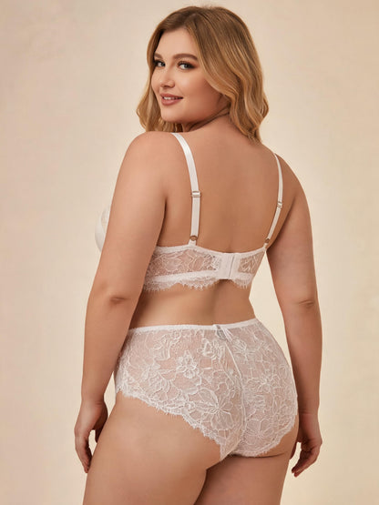 White Eyelash Lace Bralette with Satin Cups & Floral Brief Lingerie Set