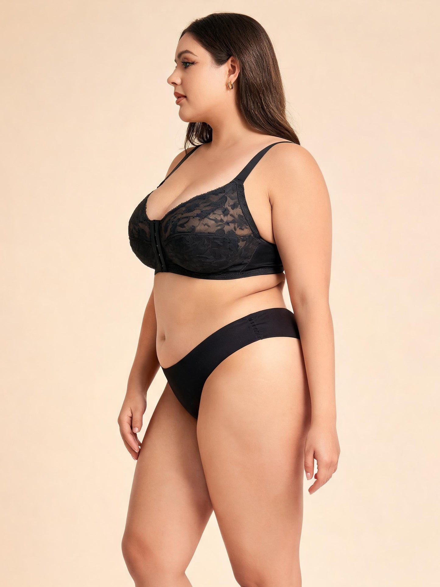 Plus Size Lace Front-Closure Bra & Brief Set