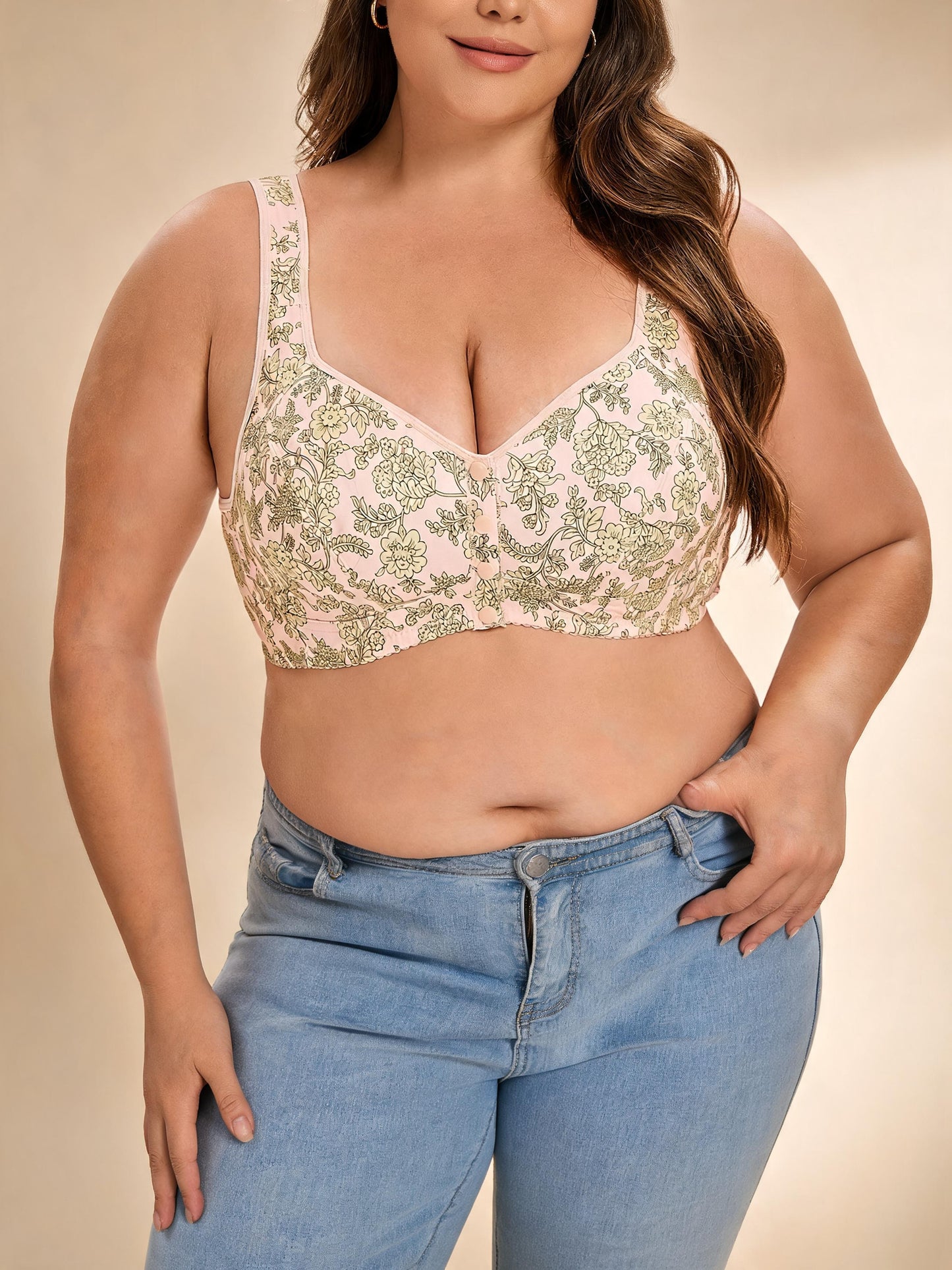 Beige Floral Lace for A-G Cups Front-Closure Bra