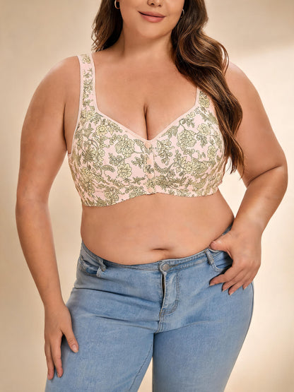 Beige Floral Lace for A-G Cups Front-Closure Bra