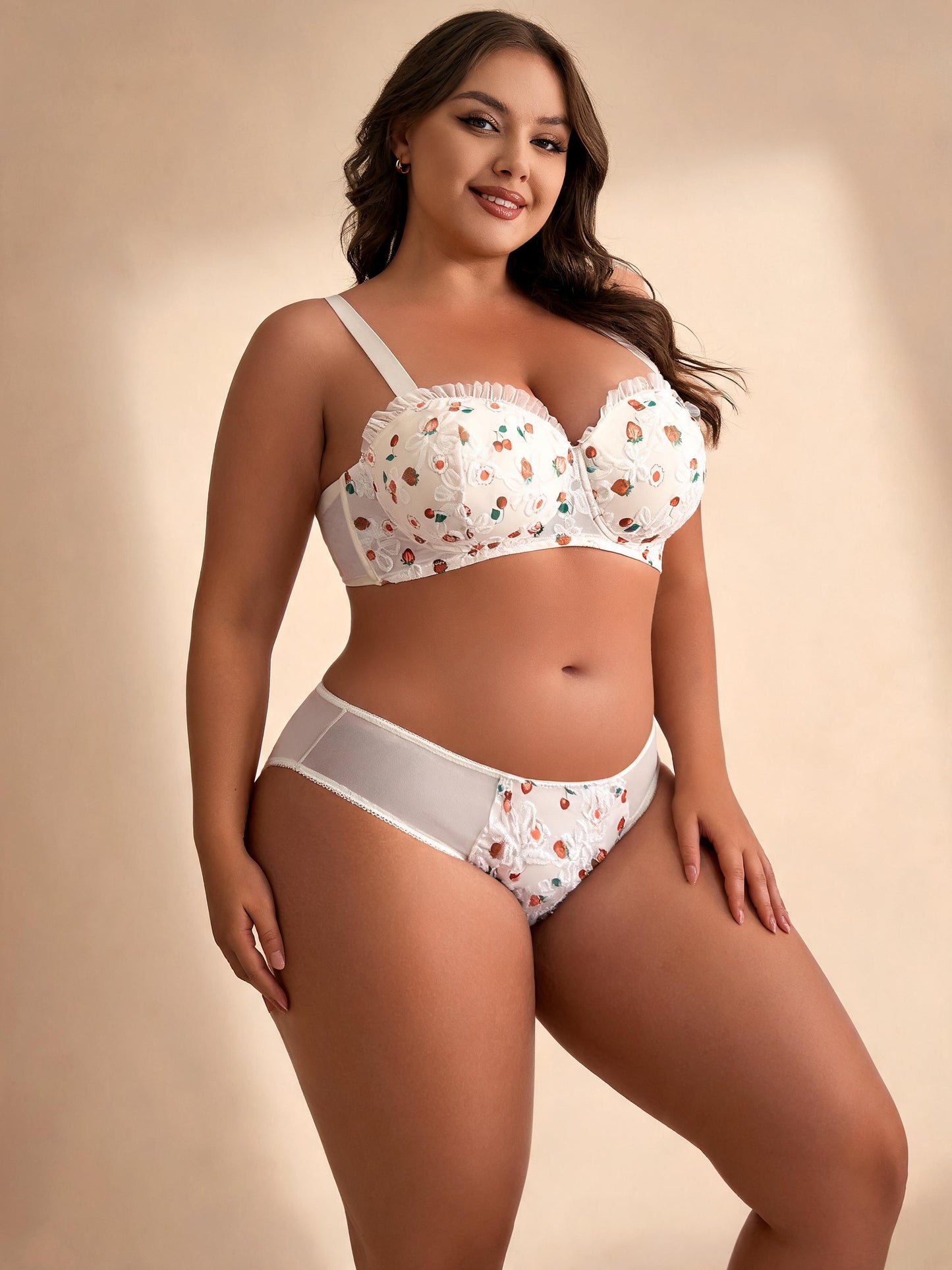 Embroidered Lace Cherry Print Lingerie Set