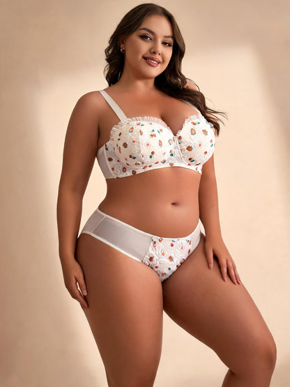 Embroidered Lace Cherry Print Lingerie Set