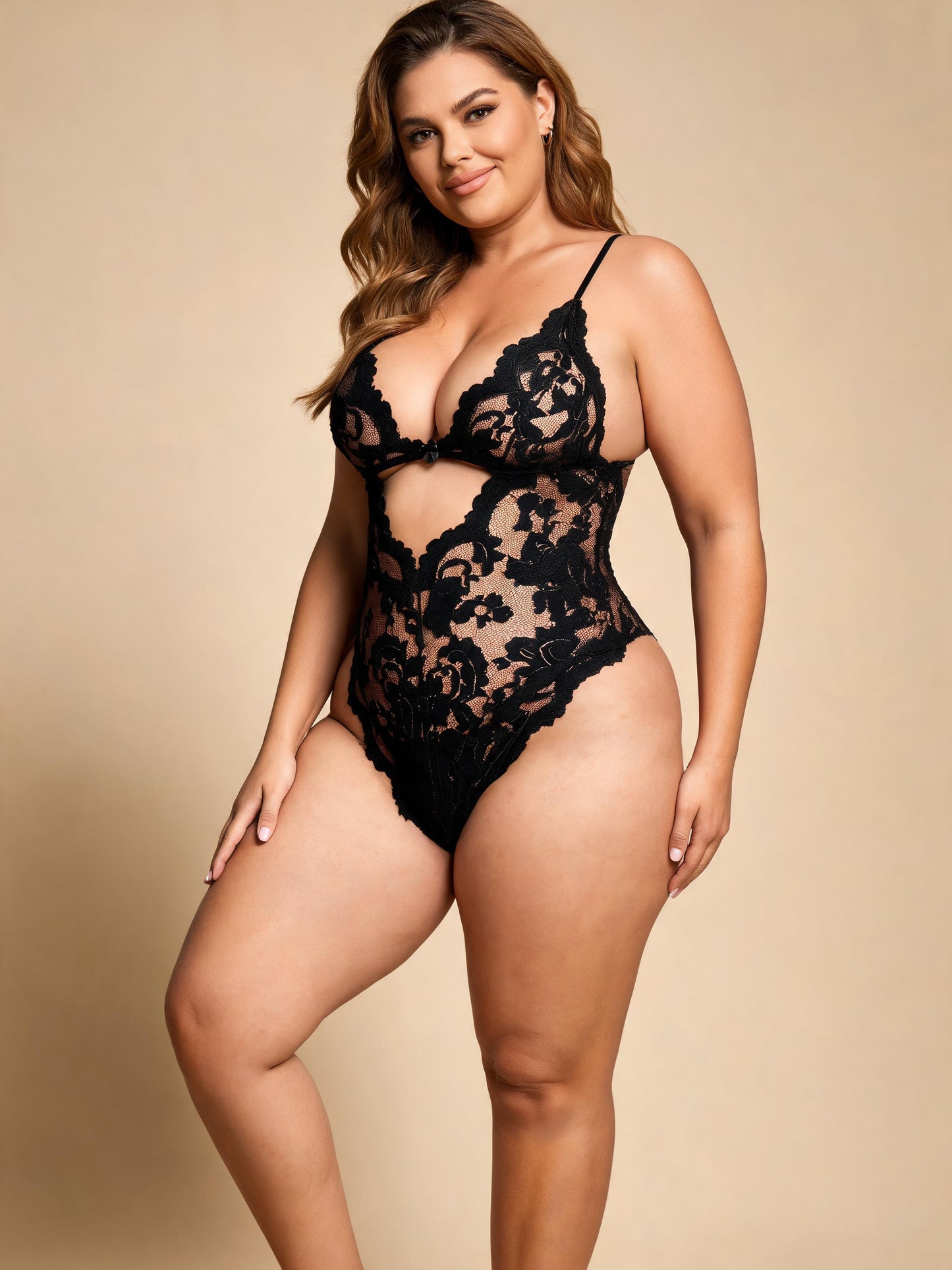 Floral Lace Bodysuit with Front Cut Out Scalloped Edge Lace Teddy