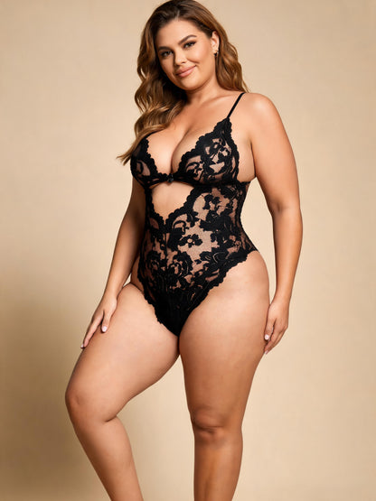 Floral Lace Bodysuit with Front Cut Out Scalloped Edge Lace Teddy