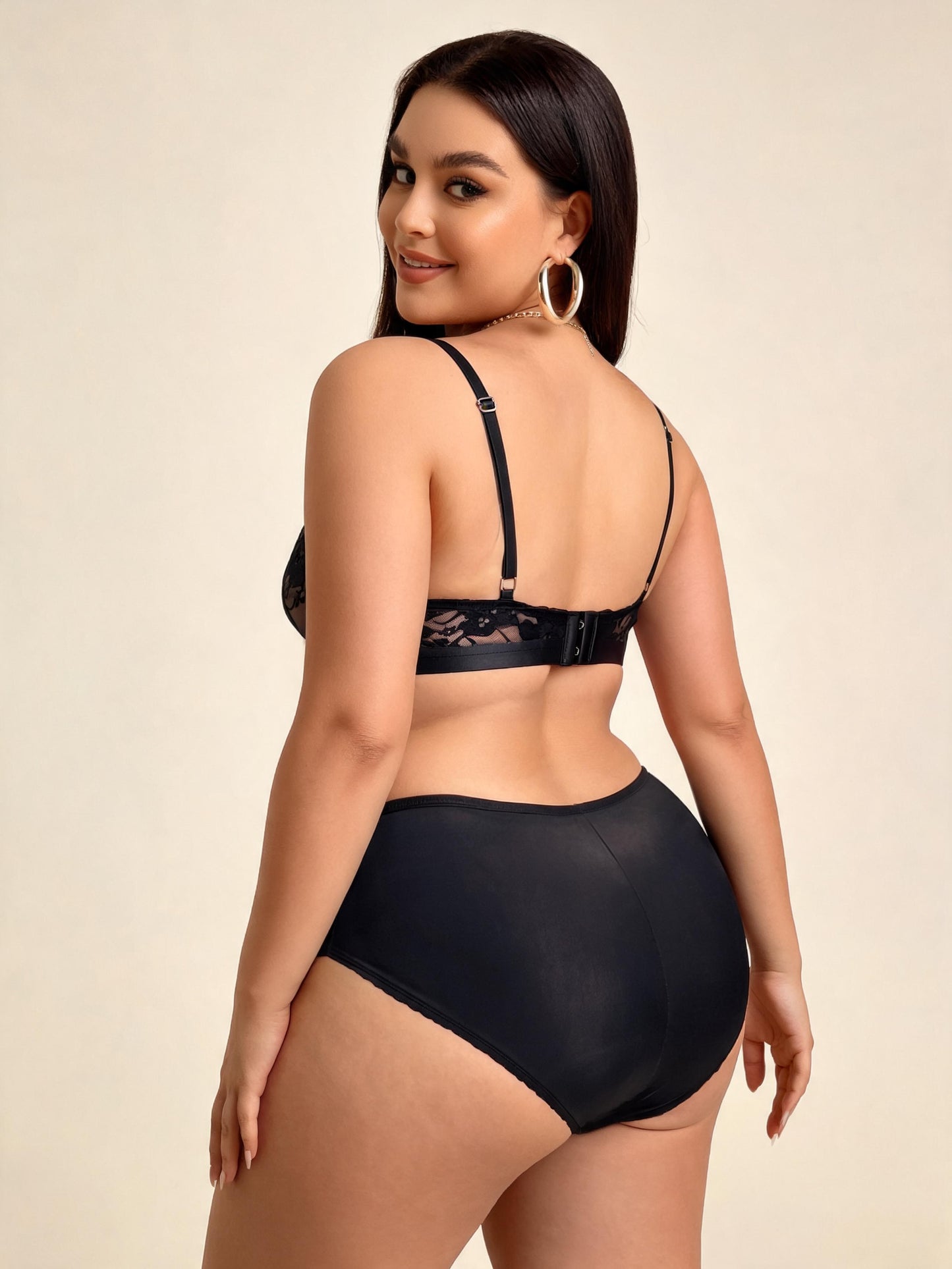 Black Front Clasp Sheer Lace Bra & High Waist Mesh Brief Lingerie Set