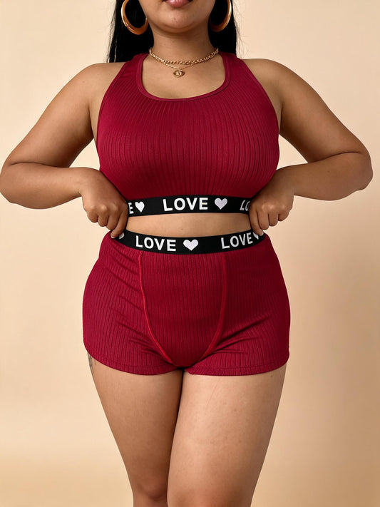 Burgundy Ribbed Crop Top & Shorts Set with “LOVE” Waistband